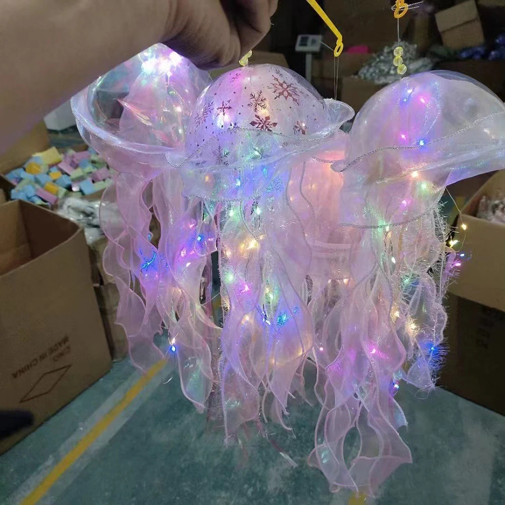 

Jellyfish Sleeping Warm Light Button Battery Hanging Ceiling Lantern Realistic with Ribbon&Bead for Children Bedroom