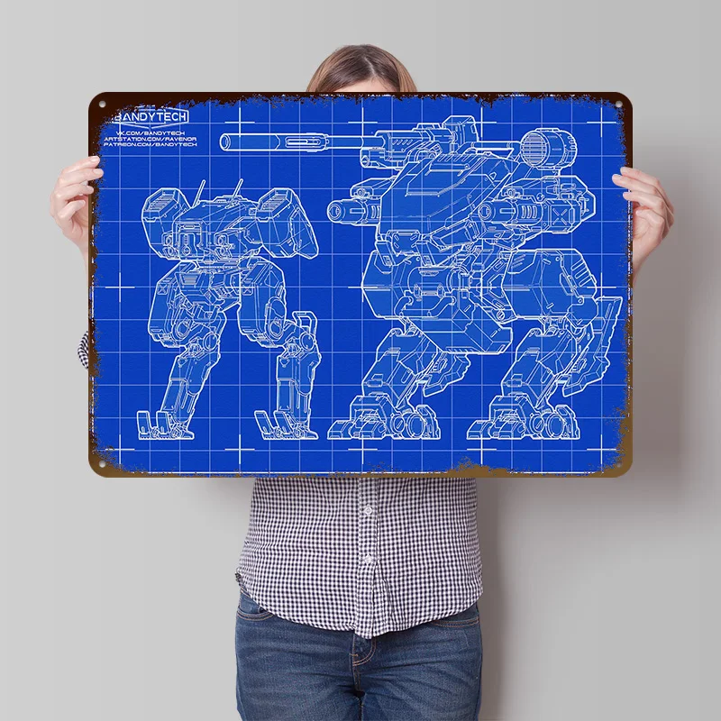 Blueprint Robots Metallposter, individuelle Wandkunst, Retro-Vintage-Blechschilder für Gaming-Raumdekoration, gemütliche Bürodekoration, Zuhause