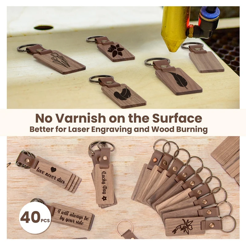 40 Pieces Wood Keychain Blanks With Leather Straps, Blank Leather Keychains For Engraving, For DIY Various Key Tags