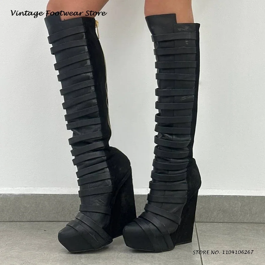 

Черные сапоги до колена на танкетке с кожаным ремешком, туфли на высокой танкетке с круглым носком, женские весенне-осенние модные длинные сапоги на молнии сзади
