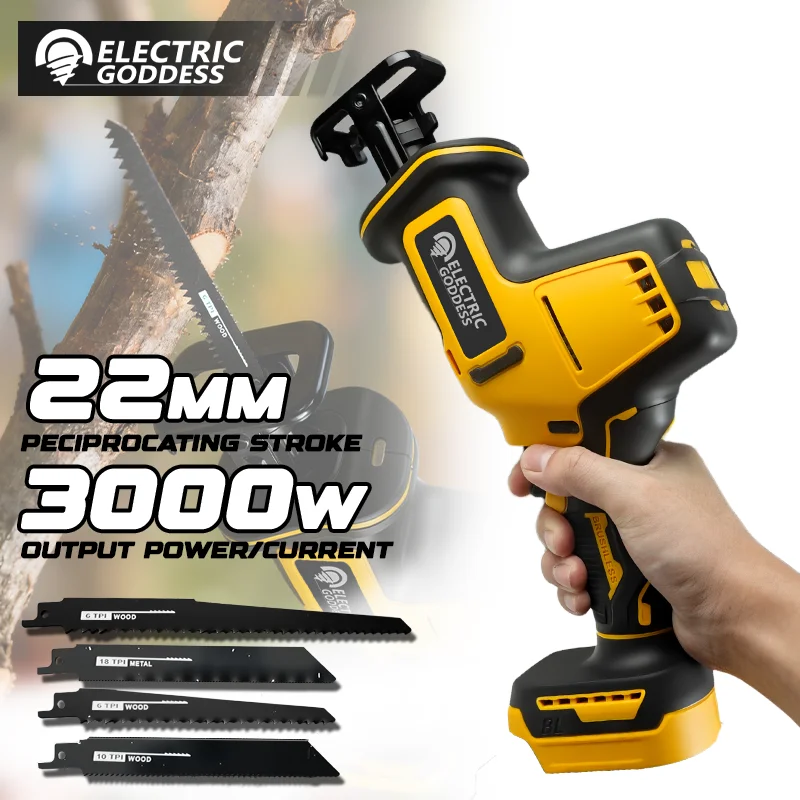

Электрическая богиня 10000SPM, бесщеточная электрическая сабельная пила, сабельная пила, режущий инструмент по дереву и металлу для Dewalt, 20 В, аккумуляторный штифт