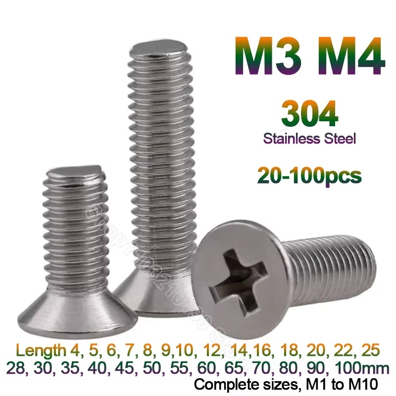 20-100pcs M3 M4 A2-70 304 Stainless Steel GB819 Cross Phillips Flat Countersunk Head Screw Bolt Length 4 5 6 7 8 9 10 12 - 100mm