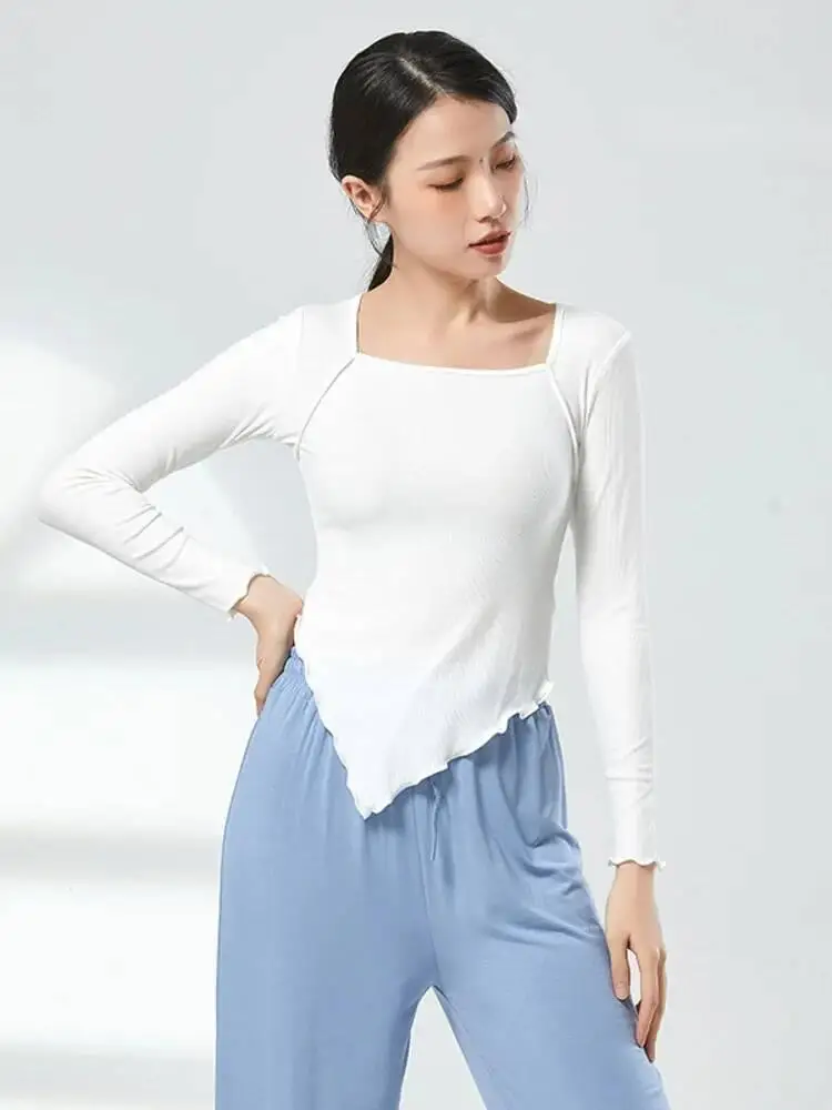 Damska dopasowana koszulka do tańca z kwadratowym dekoltem, jednolita, klasyczny strój ludowy, top na próbki sceniczne, chińskie występy, ćwiczenia.