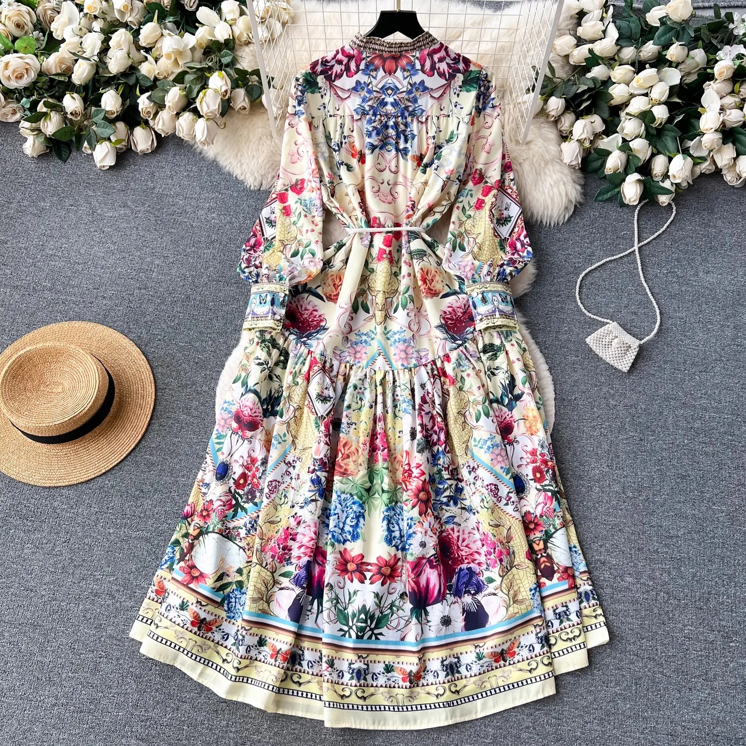 Autumn Runway Women\'s Stand Collar Long Lantern Sleeve Flower Print Single Breasted Belt Ruffles Pleated Maxi Vestidos N1206