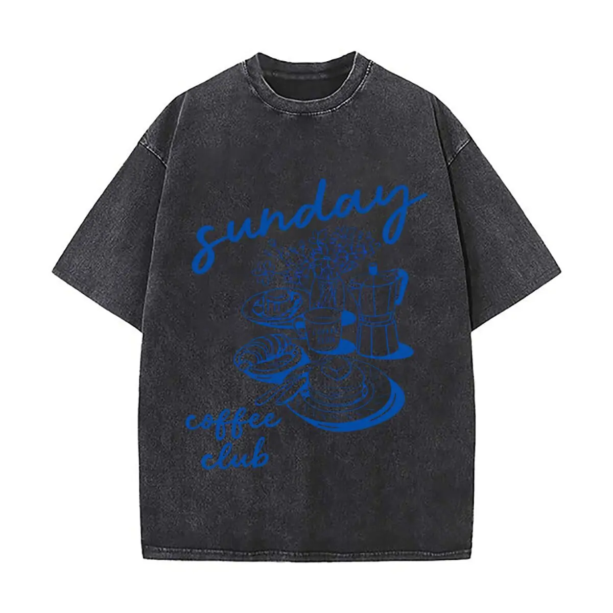 Sunday Coffee Club Coffee Eloge Flowers Pastry Breakfast Distressed Faded Baggy Streetwear Tops for Park Hangouts