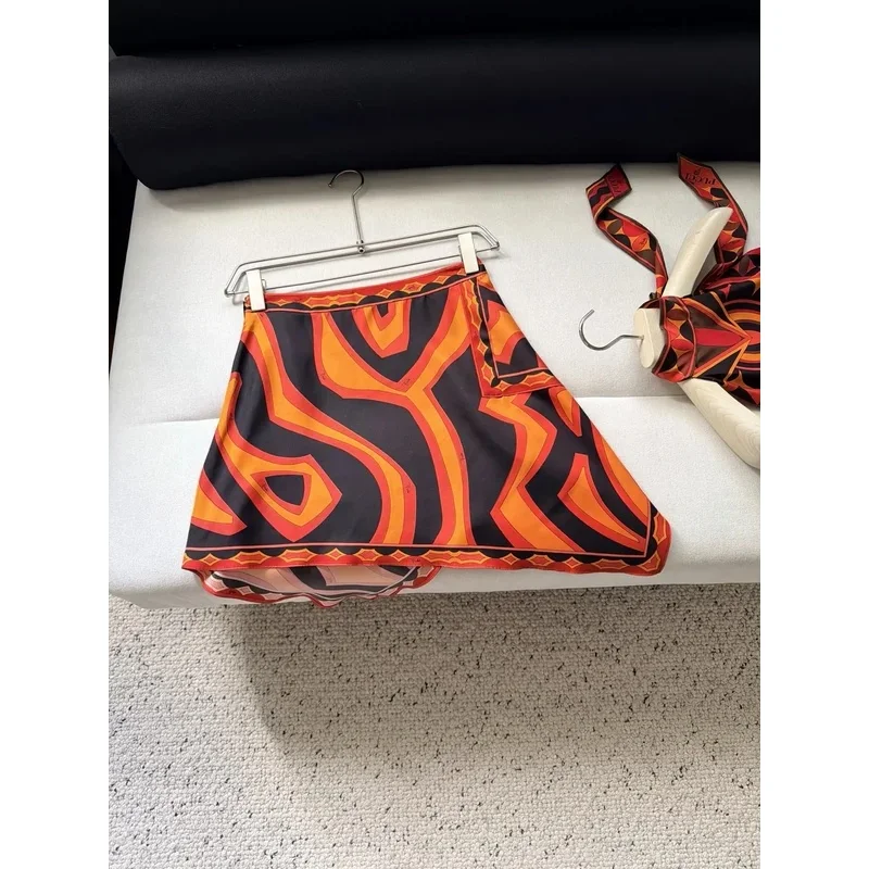 2026 Wonmen Orange Geometric Vortex Print Silk Short Skirt