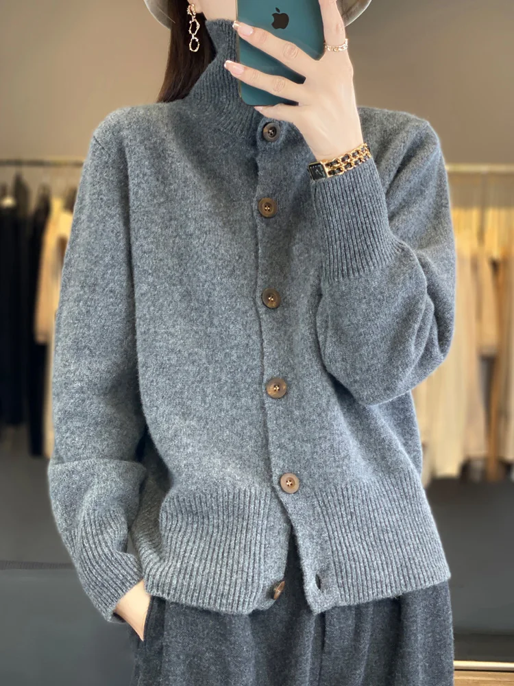 Women Basic 100% Merino Wool Cardigan Autumn Winter Cashmere Sweater Knitwear Turn Down Collar Solid Soft Warm Clothing Tops