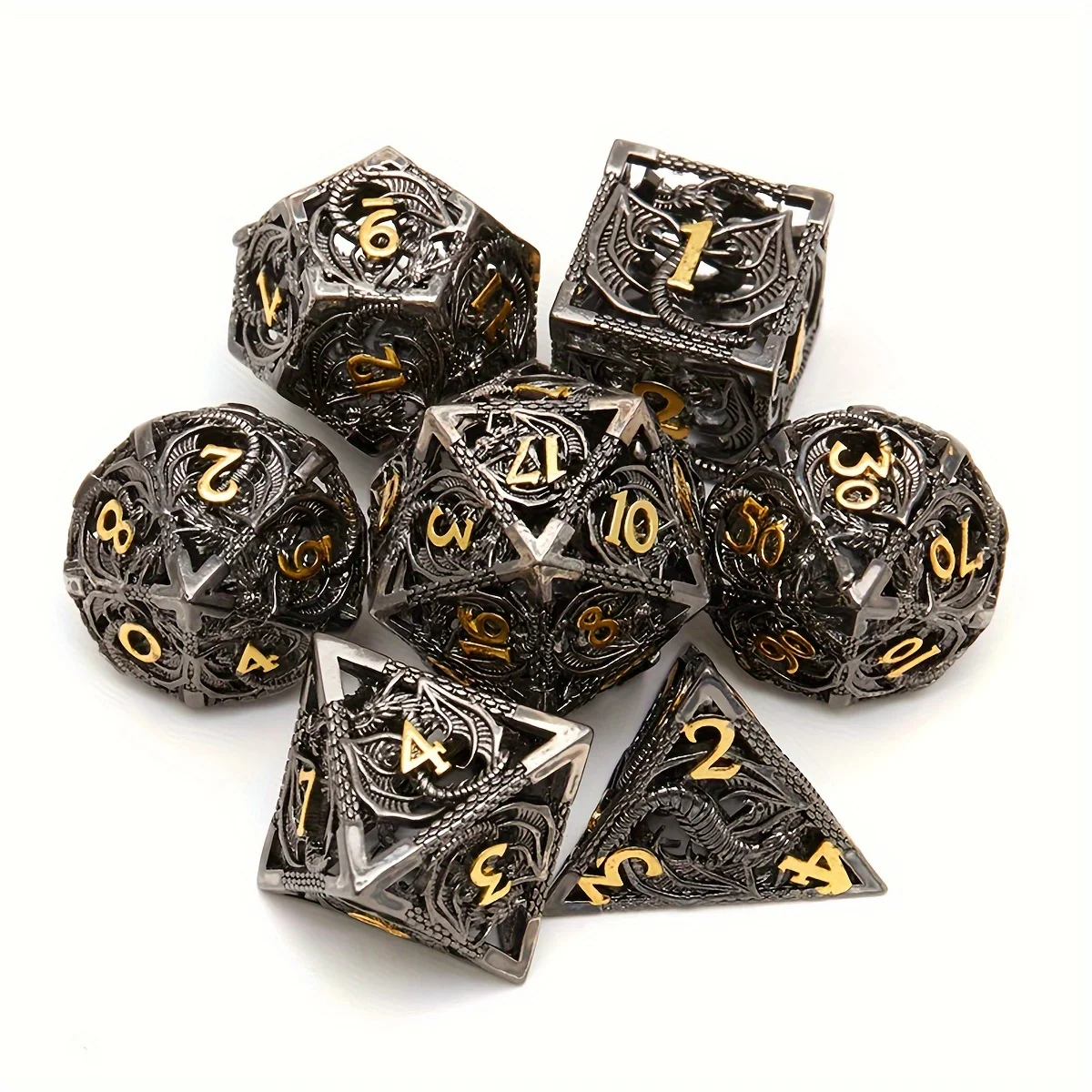 7pcs hollow metal dragon carved dice, used for role-playing tabletop games, Christmas, Thanksgiving, gifts, party supplies