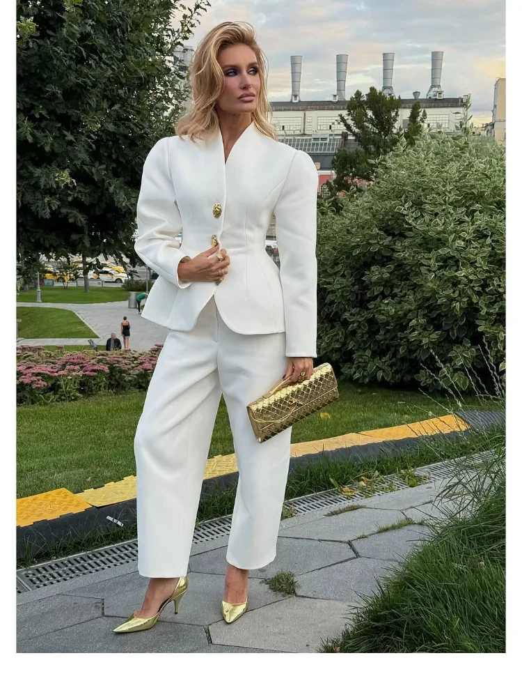 

Women Chic White V-neck Suit Casual Solid Long Sleeves Shoulder Pad Waist-cinching Coats Autumn New Lady Daily Street Outwear
