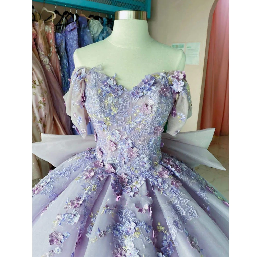 ANGELSBRIDEP Lilac Off The Shoulder 3D Flowers Appliques Quinceanera Dress Bow Ball Gown Corset Sweet 15 Vestidos De XV Años