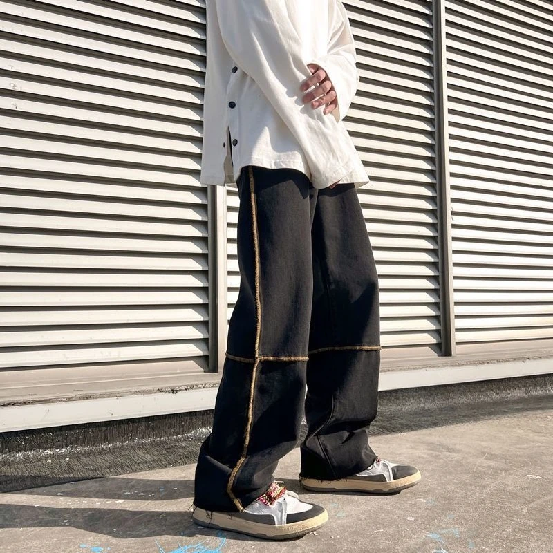 Men's Patchwork Straight Jeans American Streetwear Casual Denim Pants Vintage Hip Hop Trousers Spring Summer