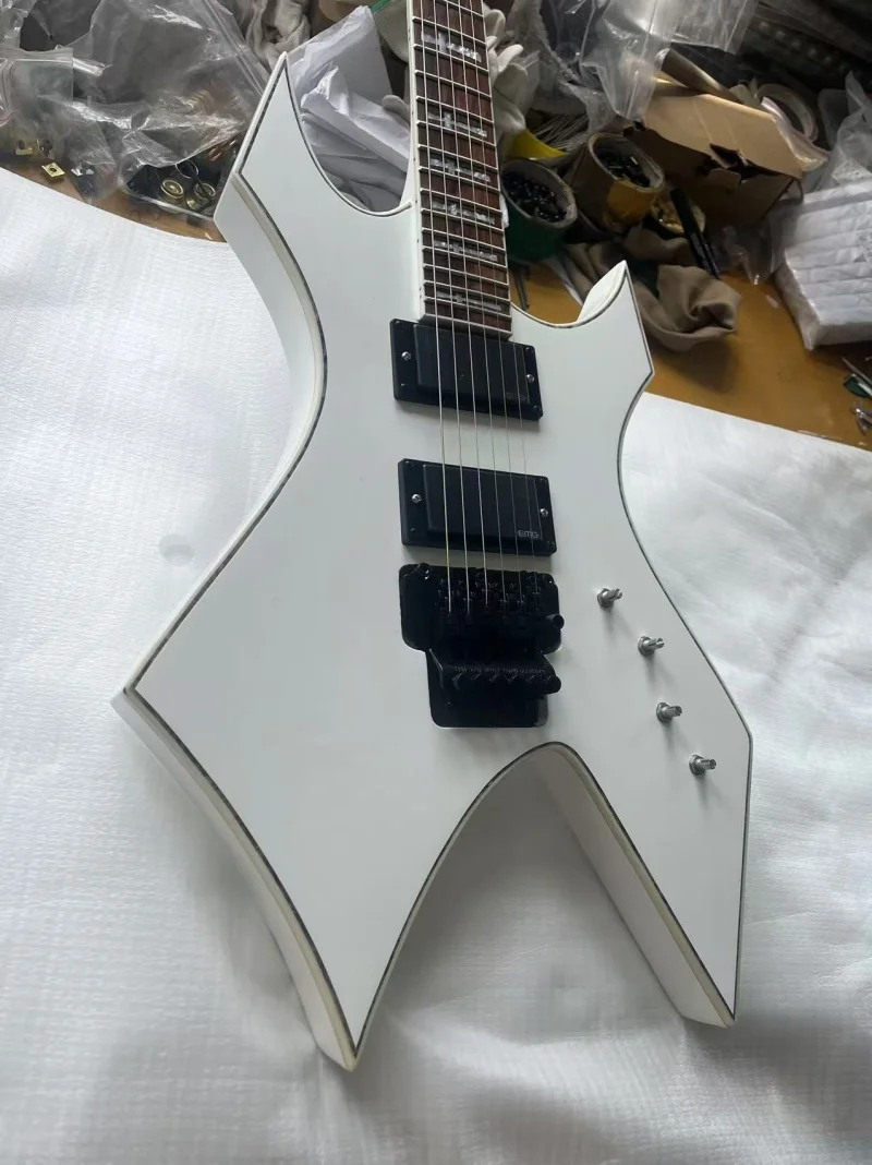 White 6-string special shape electric guitar,Rosewood fingerboard,Black hardware,Floyd rose bridge,Free delivery view 3