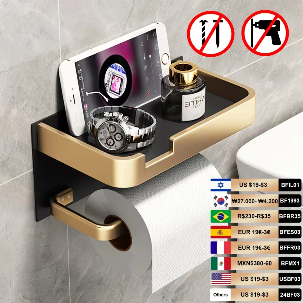 Toilet Paper Roll holder With Shelf Aluminum Toilet Paper dispenser  No Drill Tissue hanger Toilet Bathroom Accessories