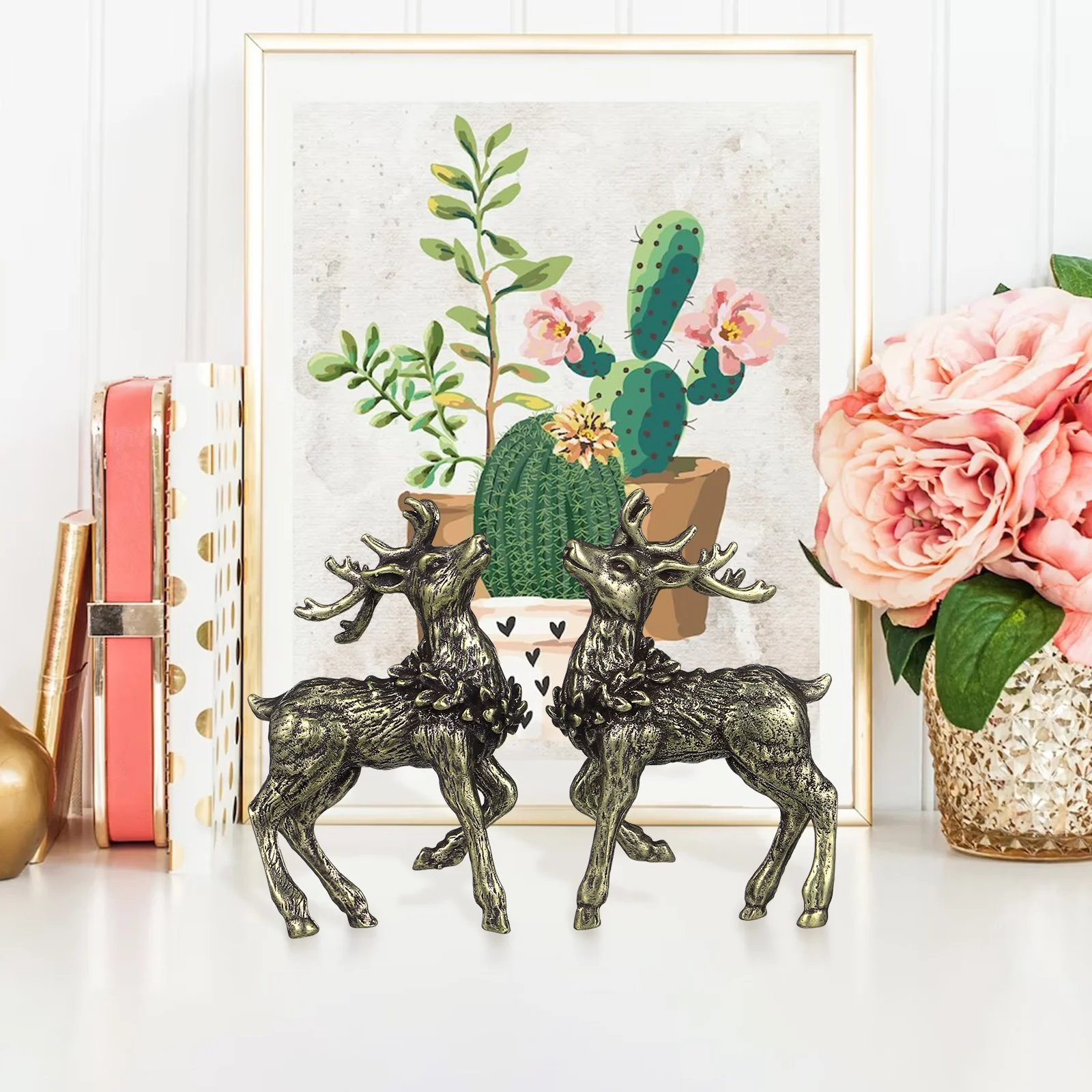 

2Pcs Pure Brass Sika Deer Desktop Decor Solid Ornament Office Home Craft Decoration Gift for Colleagues Deer Decor