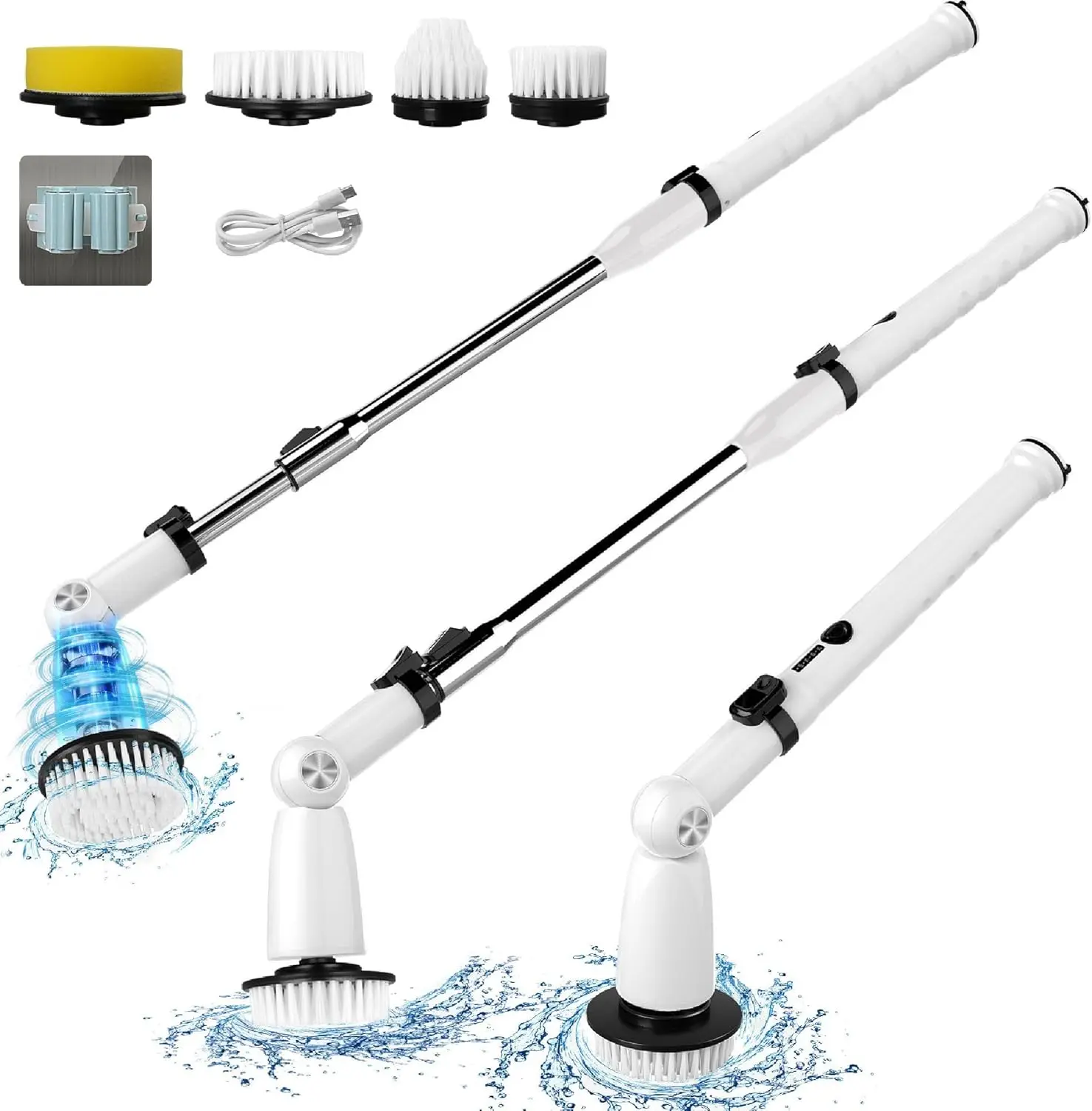 منظف دوار كهربائي مع 4 رؤوس، مقبض قابل للتمديد، سرعة مزدوجة، شحن USB-C - للاستحمام، حوض الاستحمام، البلاط، الأرضية #3