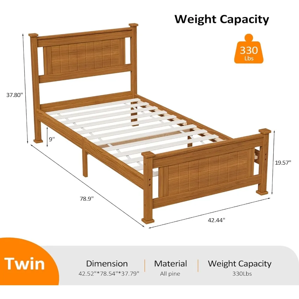 VINGLI Twin-Bettgestell, 2er-Set, Massivholz-Plattformbettgestell, Einzelbett mit Kopfteil, kein Boxspringbett erforderlich, Paneelbett, Holzschlange