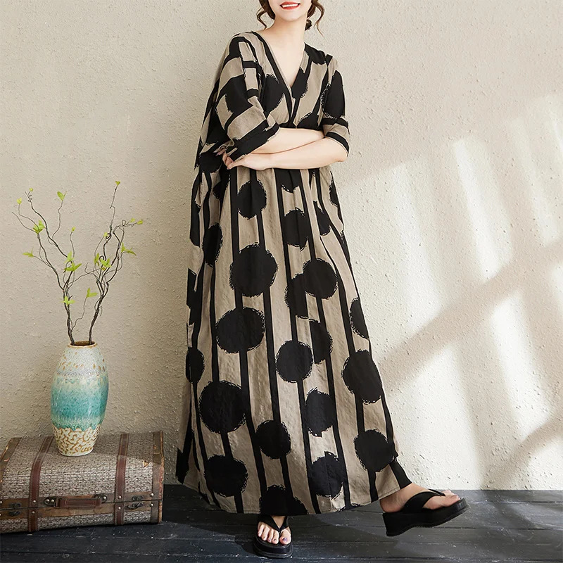 Vestido de Mujer de Talla ande, Estilo Original de Alta Gama, Manga Corta, Cuello en V, Lino de Aodón Fino Estampado, Hol...