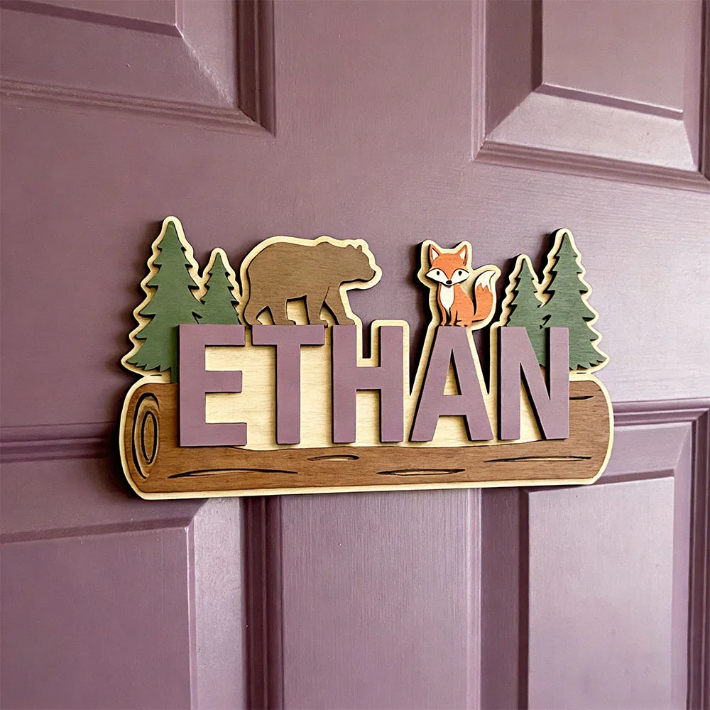 Woodland Forest Animal Personalized Name Wooden Sign Custom Bear Fox Pine Tree Log Plaque 25cm Kids Nursery Door Wall Decor Birt view 2