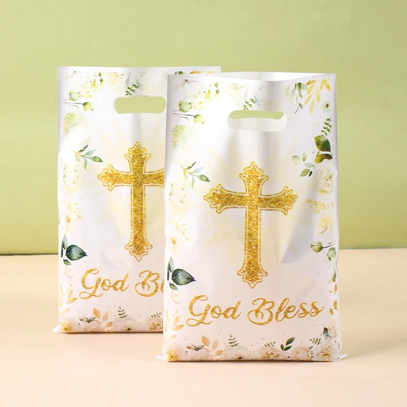 10/20/50 Stück elegante Blumen-Kreuz-Geschenktüten, God Bless Themed Party-Geschenktüten für Geburtstag, Hochzeit, Gastgeschenke, Süßigkeiten-Kuchen-Verpackungsbeutel
