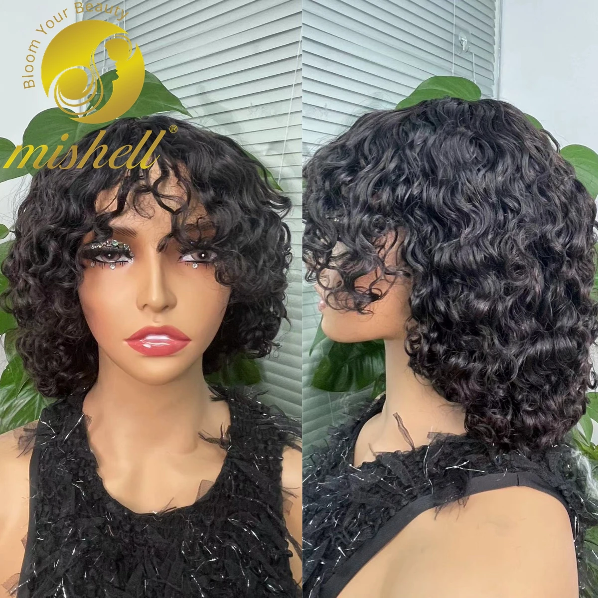 

Natural Water Wave Wig with Bangs 200% Density Full Machine Made Wig Short Jerry Curly Human Hair Bob Wig 12inch for Black Women