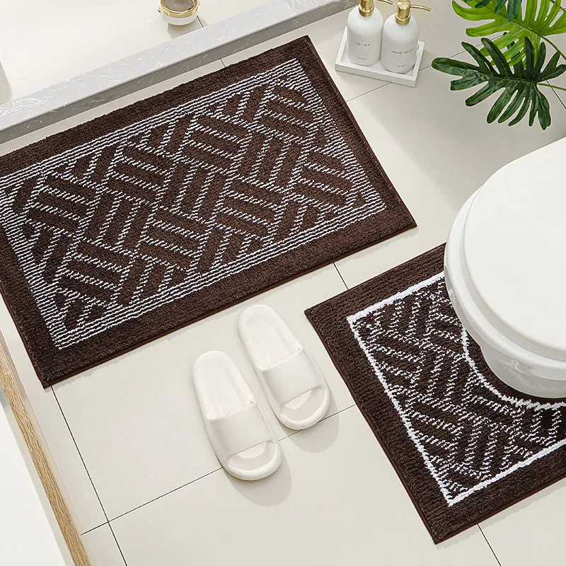 

2pcs flocking material striped pattern machine washable bathroom and toilet anti slip pad set living room decorative pad