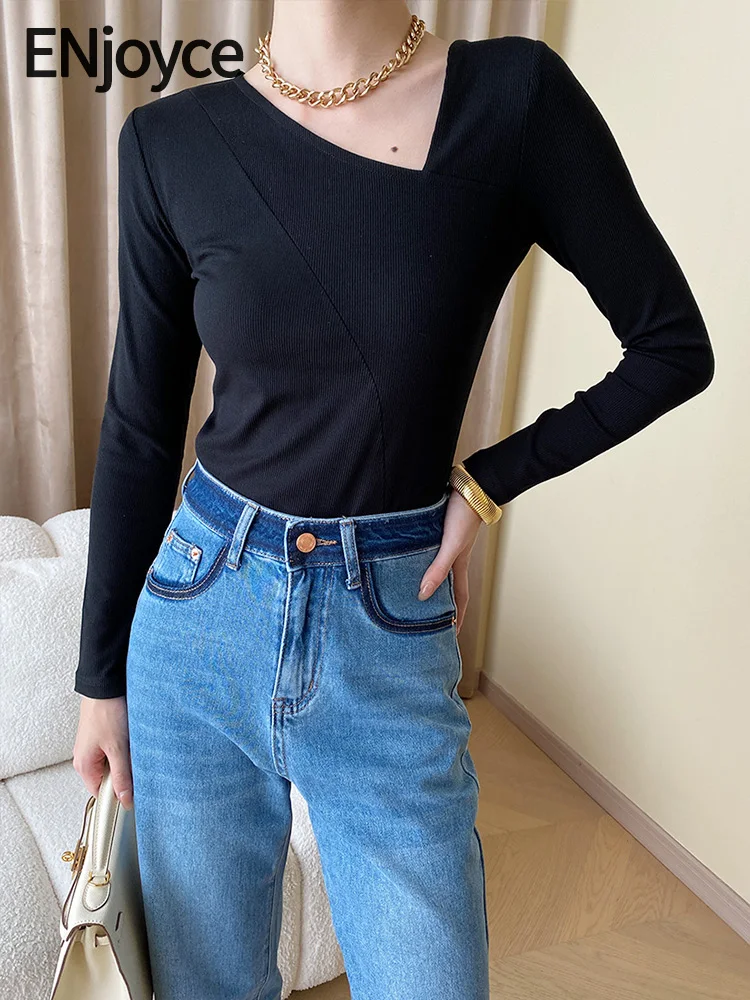 

ENjoyce Women Korean Style Diagonal Collar Slim Cropped T-Shirts Ladies Casual Long Sleeve Top Pullovers Streetwear Spring Fall