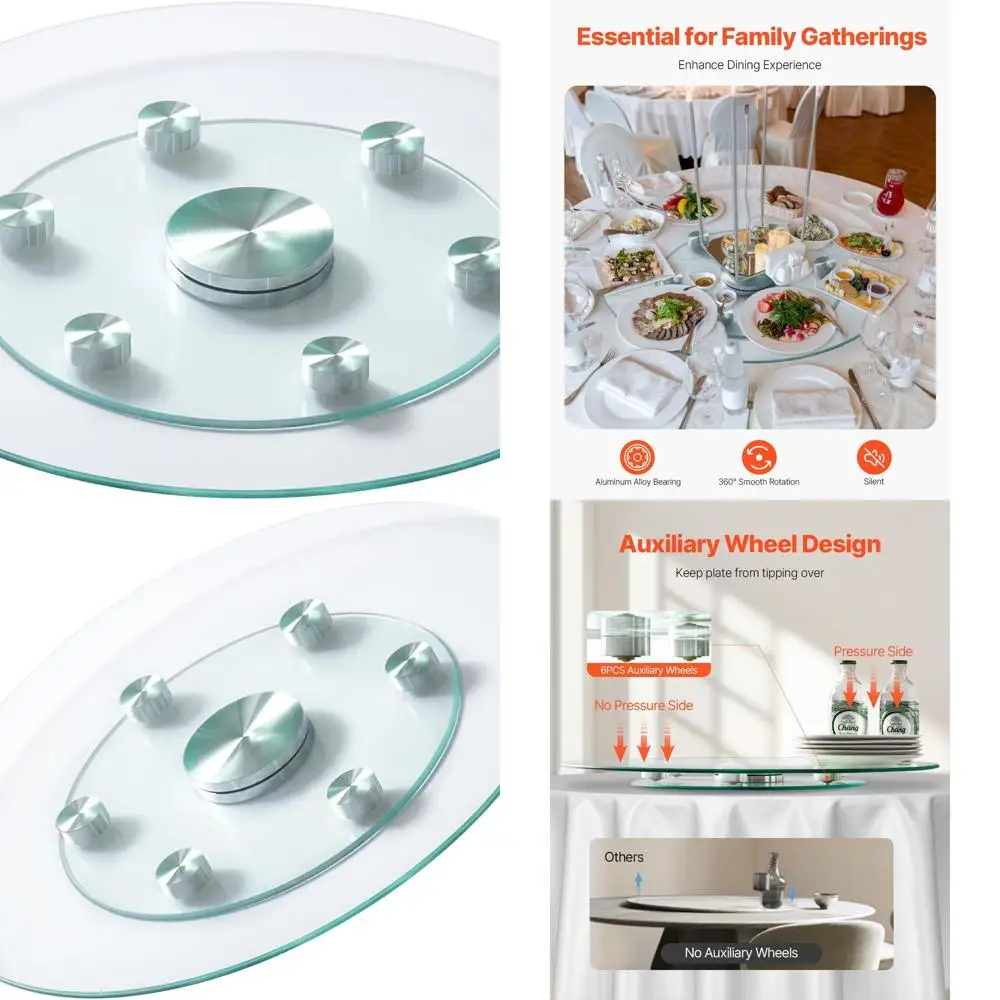 

24 Tempered Glass Lazy Susan, 6-Wheel Rotating Table Centerpiece, 360° Silent Spin for Dining & Events