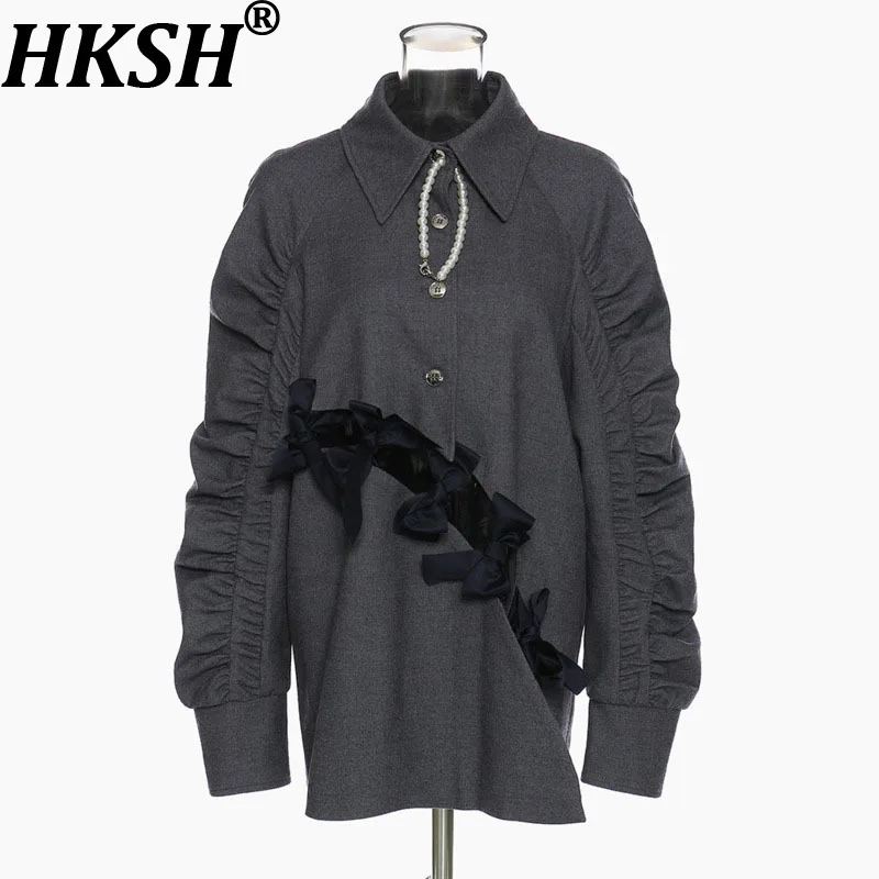 

HKSH Spring Autumn New Women Shirt Bowknot Hollow Out Pleated Long Sleeve Single Breasted Versatile Elegant Sweet Blouse HK16637