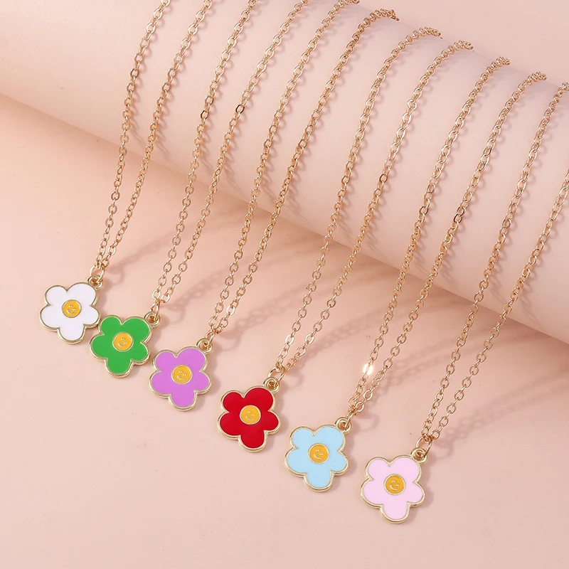 1pc Lovely Enamel Smile Flower Necklace For Women Colorful Flower Pendant Necklaces Earrings Girls Kids Birthday Jewelry Gifts