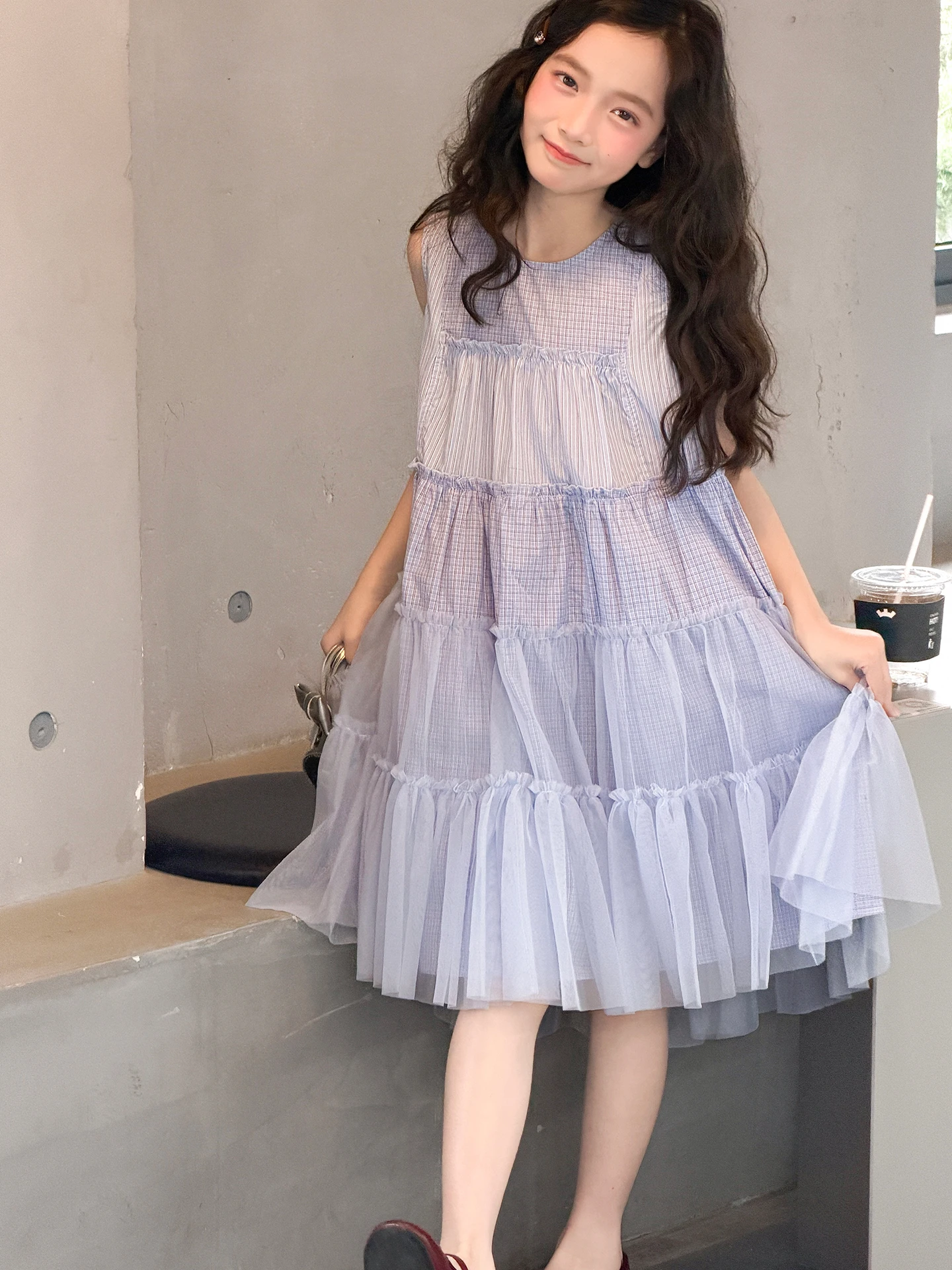 女の子夏のノースリーブパッチワークチュールドレスミディドレスかわいいプリンセスドレス薄いドレスハイウエスト柔らかく快適な生地