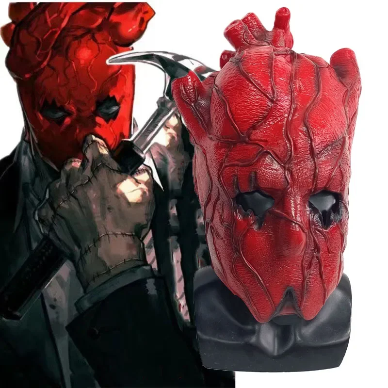 Disfraz de Anime para adultos, máscara roja de corazón de espinillera, casco de látex sangriento aterrador, utilería divertida para Halloween, Unisex