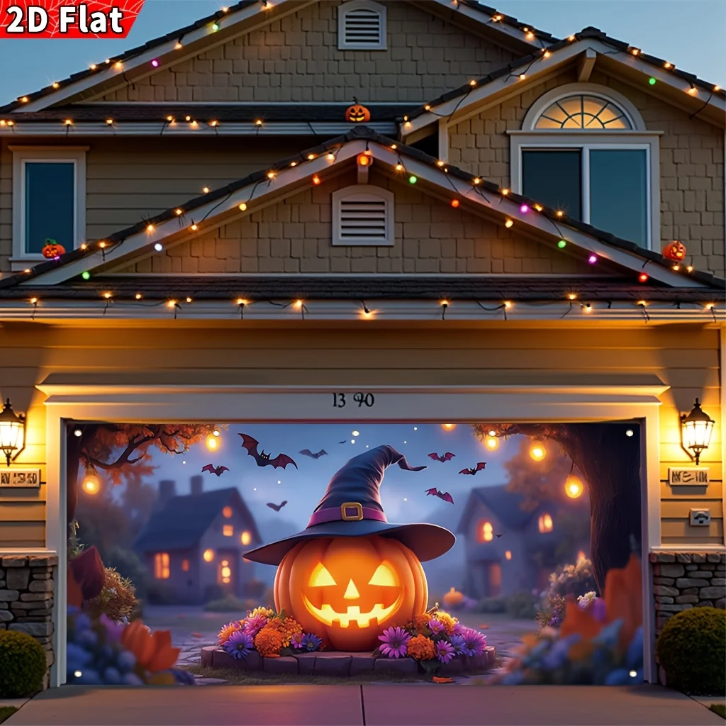 2D plane, 2D plane - 1 Halloween garage banner, a Halloween pumpkin wearing a witch's hat, surrounded by flowers and lanterns