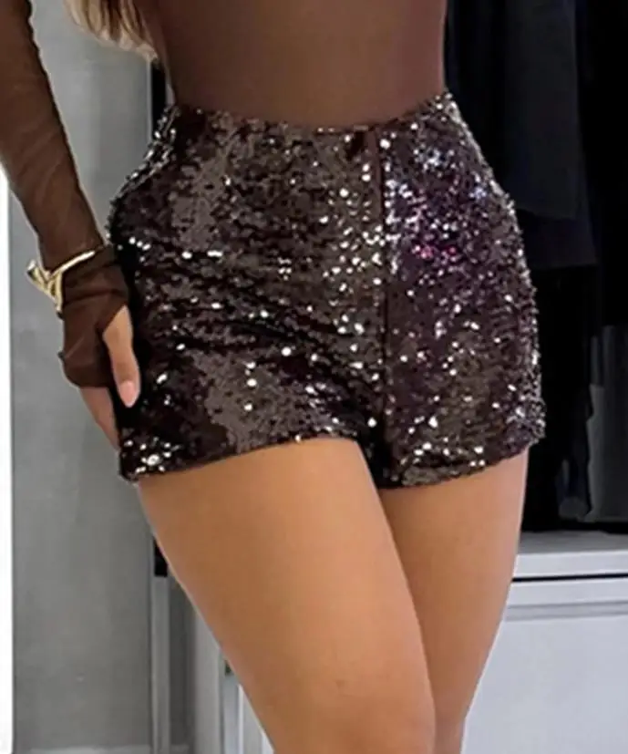 

Women's Shorts 2025 Spring Summer New Latest Fashion Allover Sequin Solid Color Zipper Side Fashion Versatile High Waist Shorts
