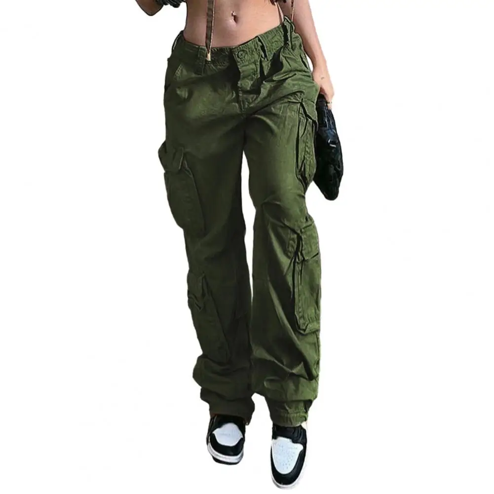 Summer Womens Vintage Grey Cargo Pants High Waist Wide Leg Baggy Casual Fashion Multiple Pockets Mom Hip Hop Street Style