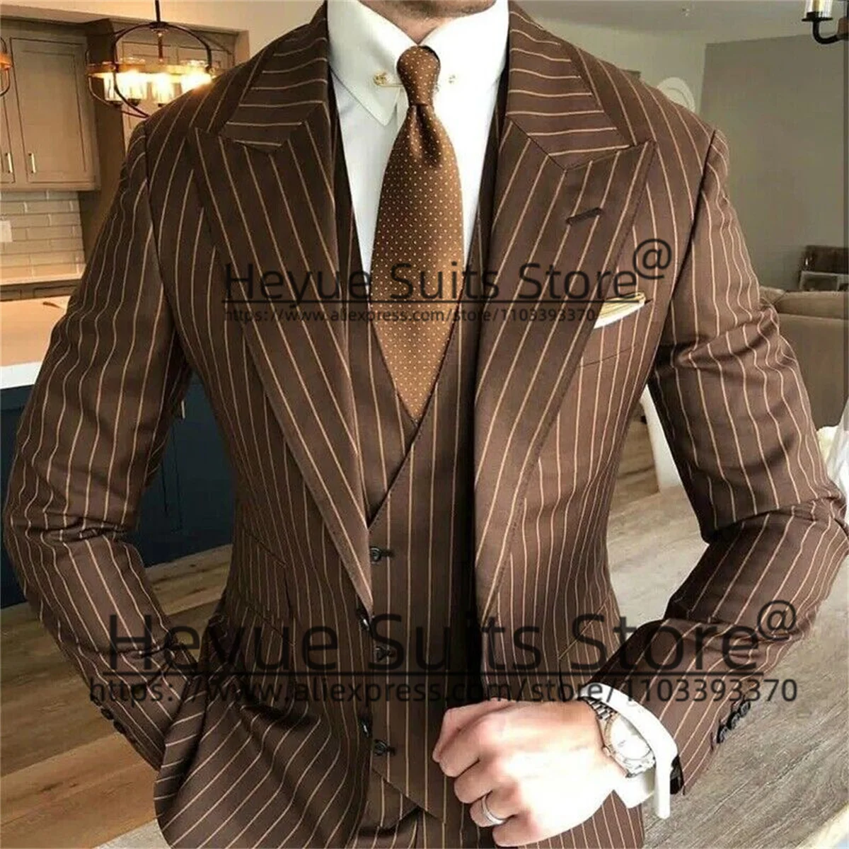 Black Business Stripe Formal Suits For Men Slim Fit Peak Lapel Groom Wedding Tuxedos 3 Pieces Sets Trajes Elegante Para Hombres