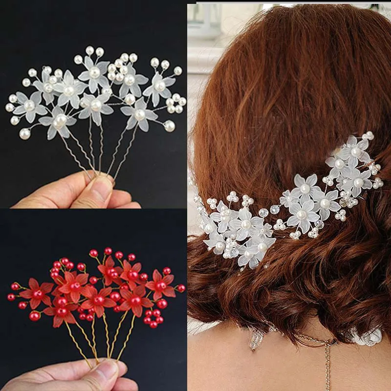 3pcs/set Bridal Hair Jewelry Headpiece Wedding Hair Accessorie Handmade Hair pins Stick Red White Flower Pearl Women