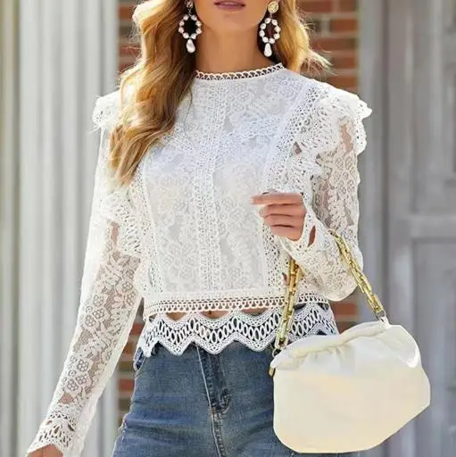 

Women Top 2025 Y2K Latest New Solid Color Base Sexy Hollow Lace Long Sleeved Lace Shirt Fashionable Retro Slim Fit Elegant Shirt