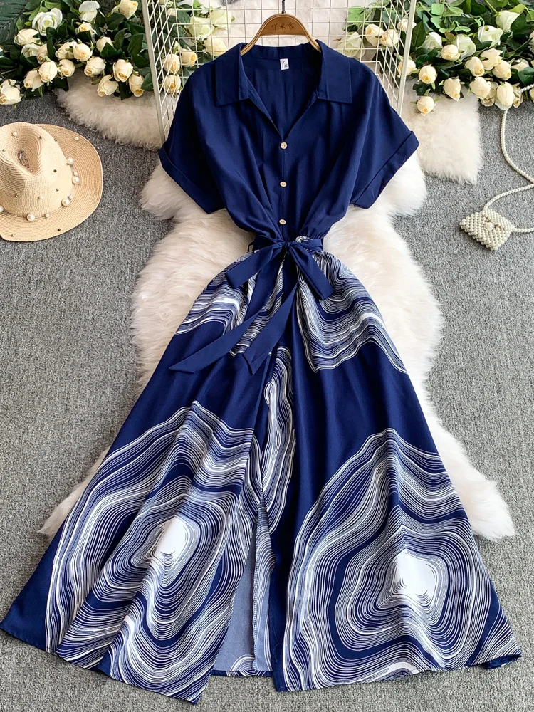 

Элегантное летнее повседневное женское платье-рубашка с V-образным вырезом на одной пуговице, приталенное, длинное, с завышенной талией, А-силуэт, с принтом, для офиса