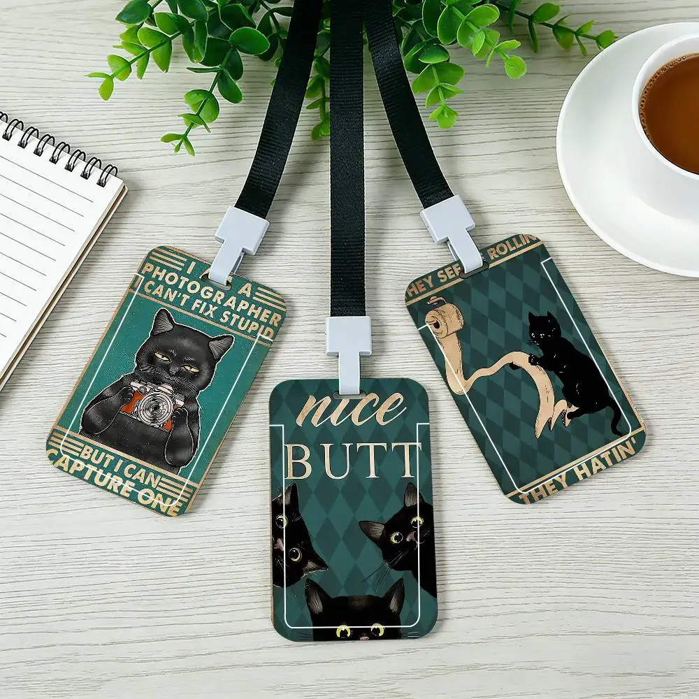 A-Cute Black Cat Bathroom Tips Card Holder Cardcase Bus Subway Work Permit Student Lanyard Neck Straps Badge Holder Door Card