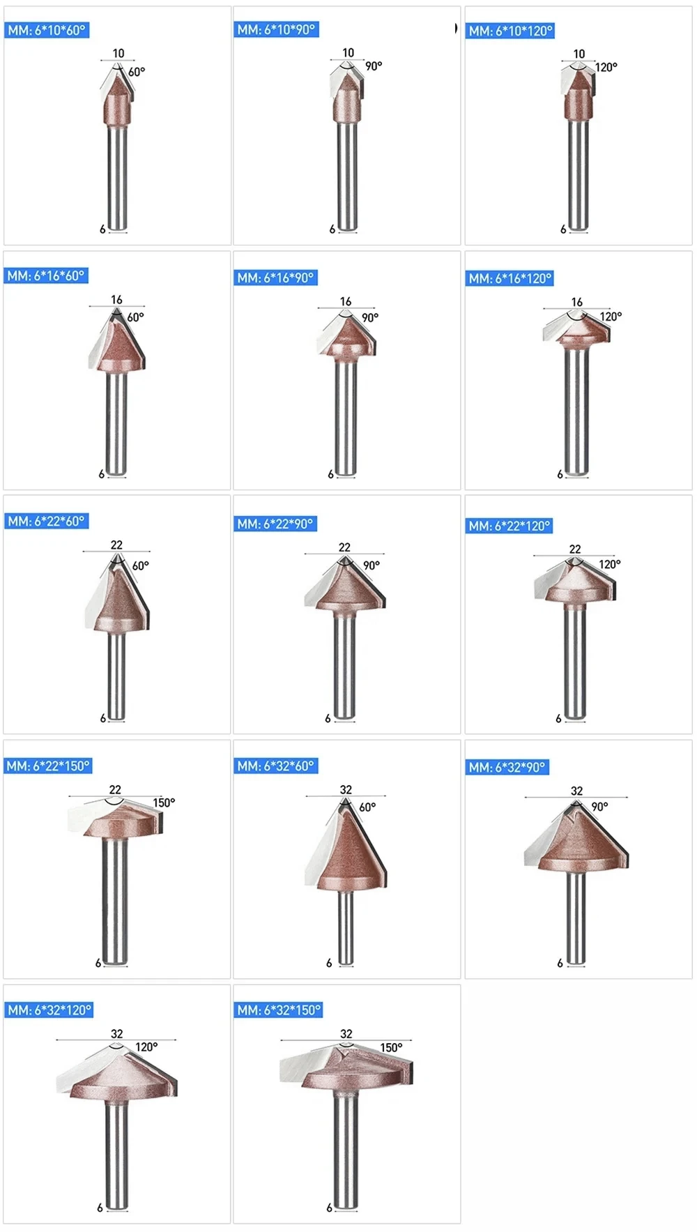 Fresas de carburo sólido CNC, brocas de enrutador 3D para madera, tungsteno, carpintería, MDF, 6mm, 60, 90, 120, 150 deg, 1 unidad