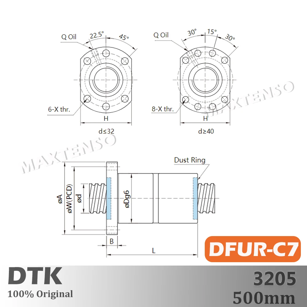 DTK Taiwan DFU3205 C7 Rolled 5mm Lead R32 Ball Screw 500mm Thread Shaft High Precision Flange CNC Spindles Double Nut TBI