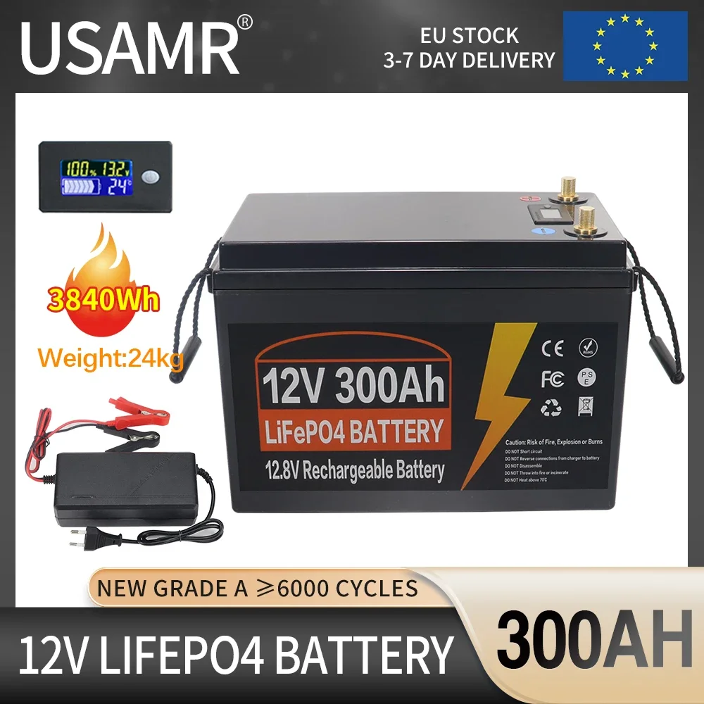 

12V LiFePO4 Battery Pack 300AH Built-in BMS Lithium Iron Phosphate Cells 6000 Cycles For RV Campers Golf Cart Solar With Charger