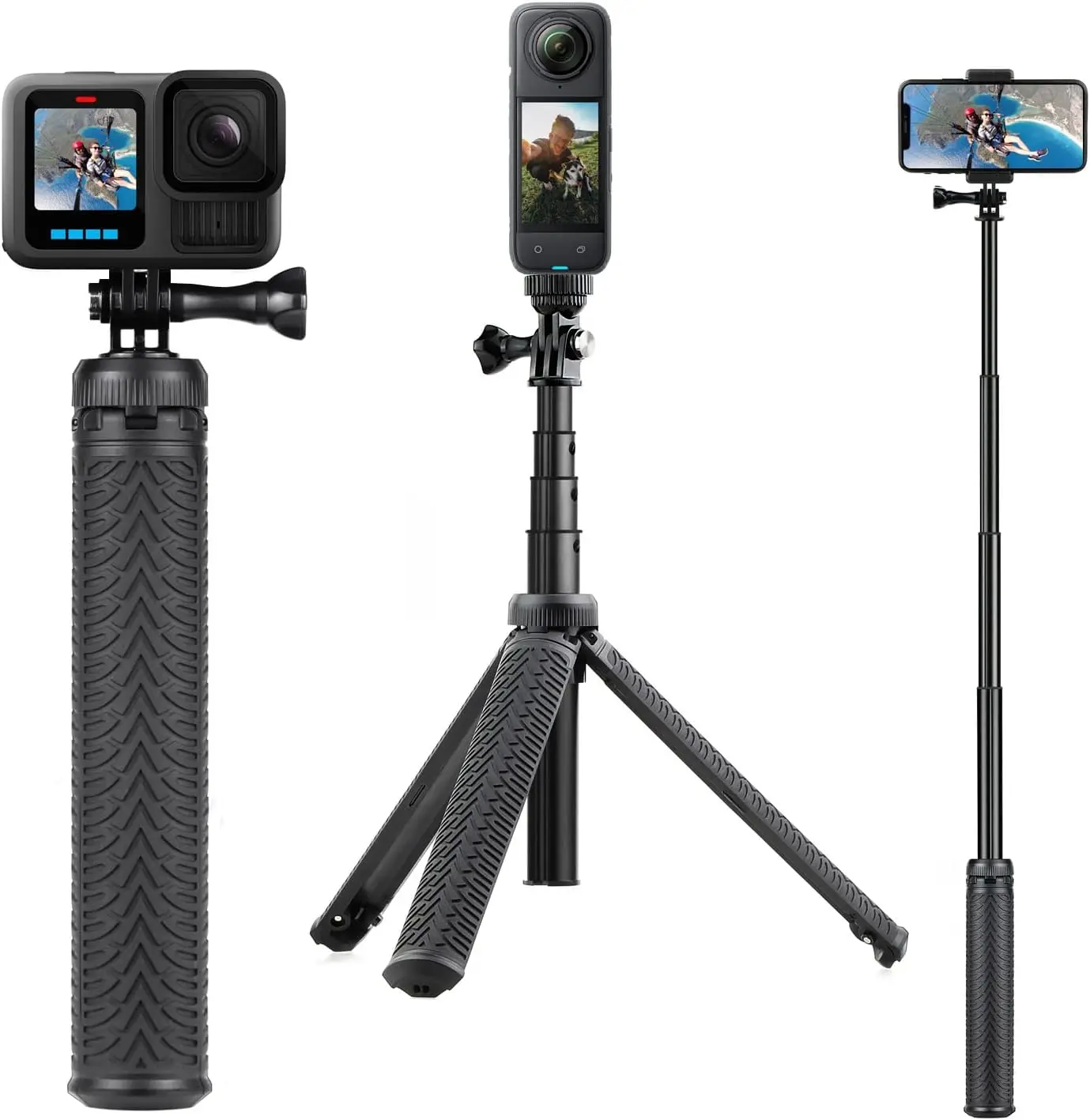 3in1 Aluminum Waterproof Selfie Stick for GoPro Hero 13-7, Fusion, Max, Insta360, SJCAM - Extendable Monopod with Tripod Stand