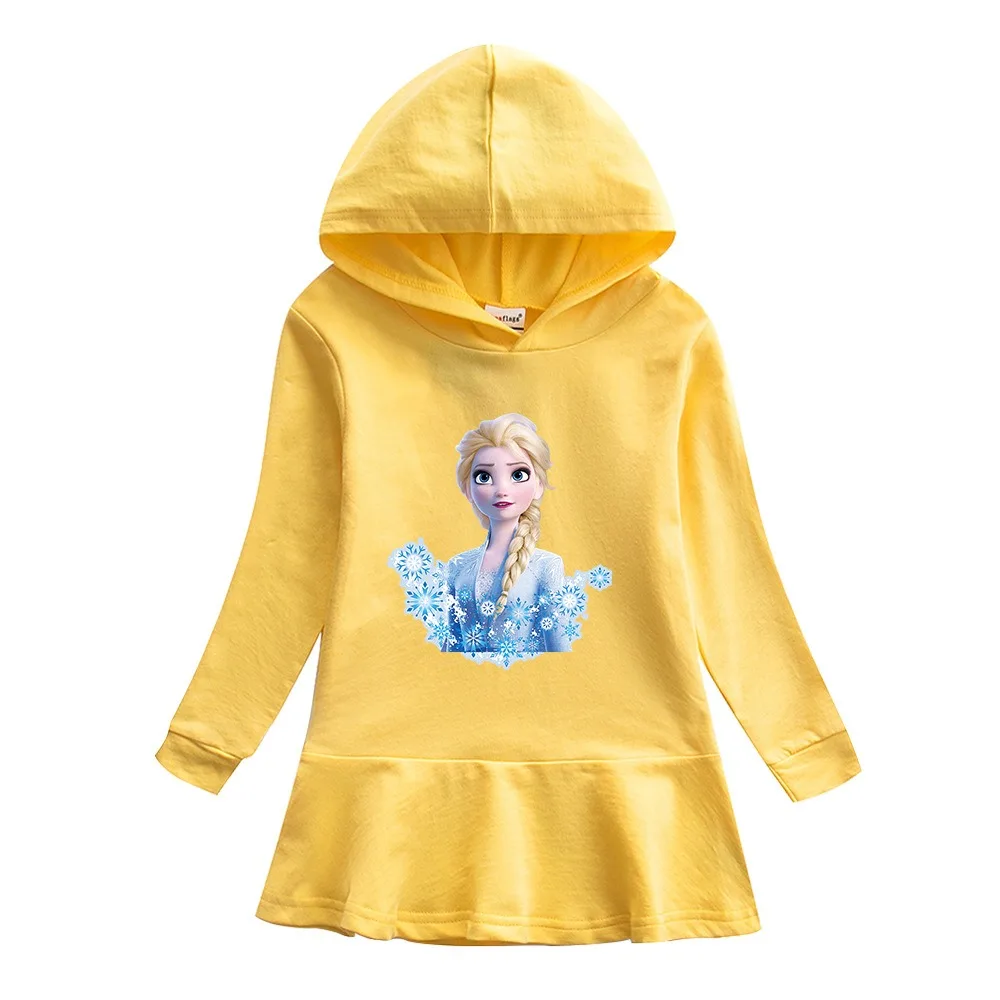 2024 New Disney Quality Cotton Girls Dress Blue Frozen Elsa Autumn Clothing for Children Pink Long Sleeve Kids Clothes Hooded