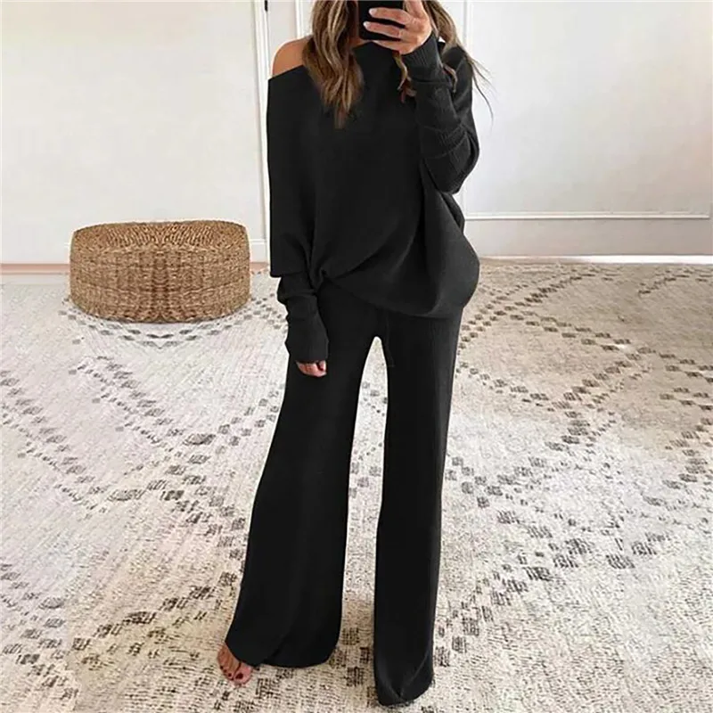 2pcs Pant Suits Women Pajamas Outfits Knitted Loose Casual Pullover Homewear Elastic Waist  Autumn Winter Tracksuits Pajama