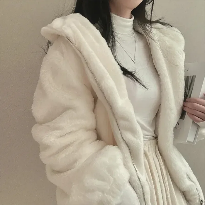 2024 Autumn winter Hooded Warm Loose Faux Rabbit Fur Jackets Thicken Korean Plush Winter High Quality Coats