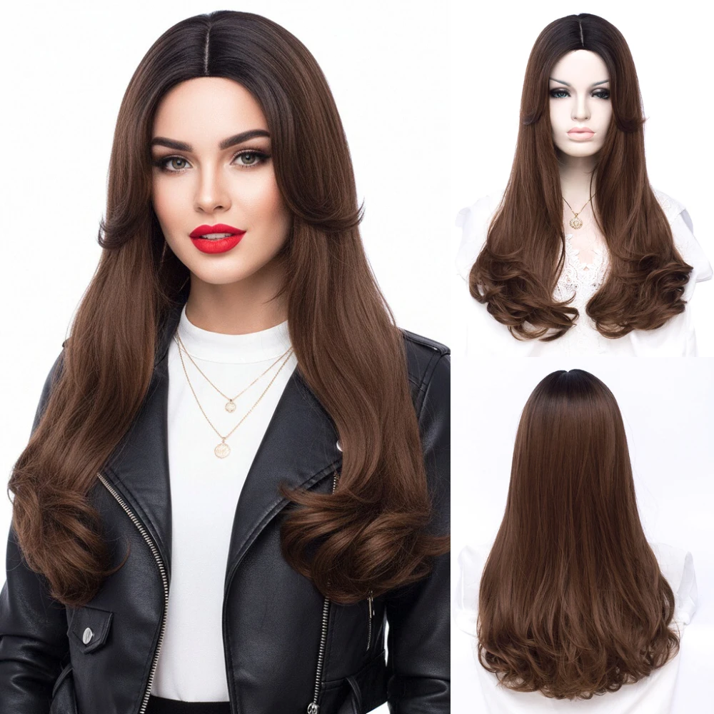 

MSIWIGS Women Long Wavy Wig Synthetic Fake Hair Two tone Color Middle Part Line Black Wigs