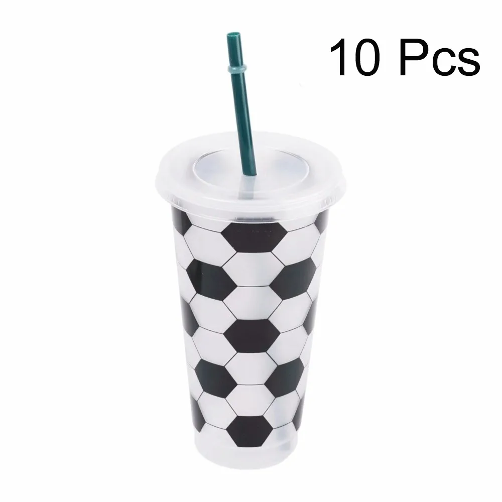 10PCS Food Grade 24OZ Soccer Pattern Straw Cups Large Capacity PP Soccer Themed Tumbler Reusable Single Layer Milk Tea Cup Party