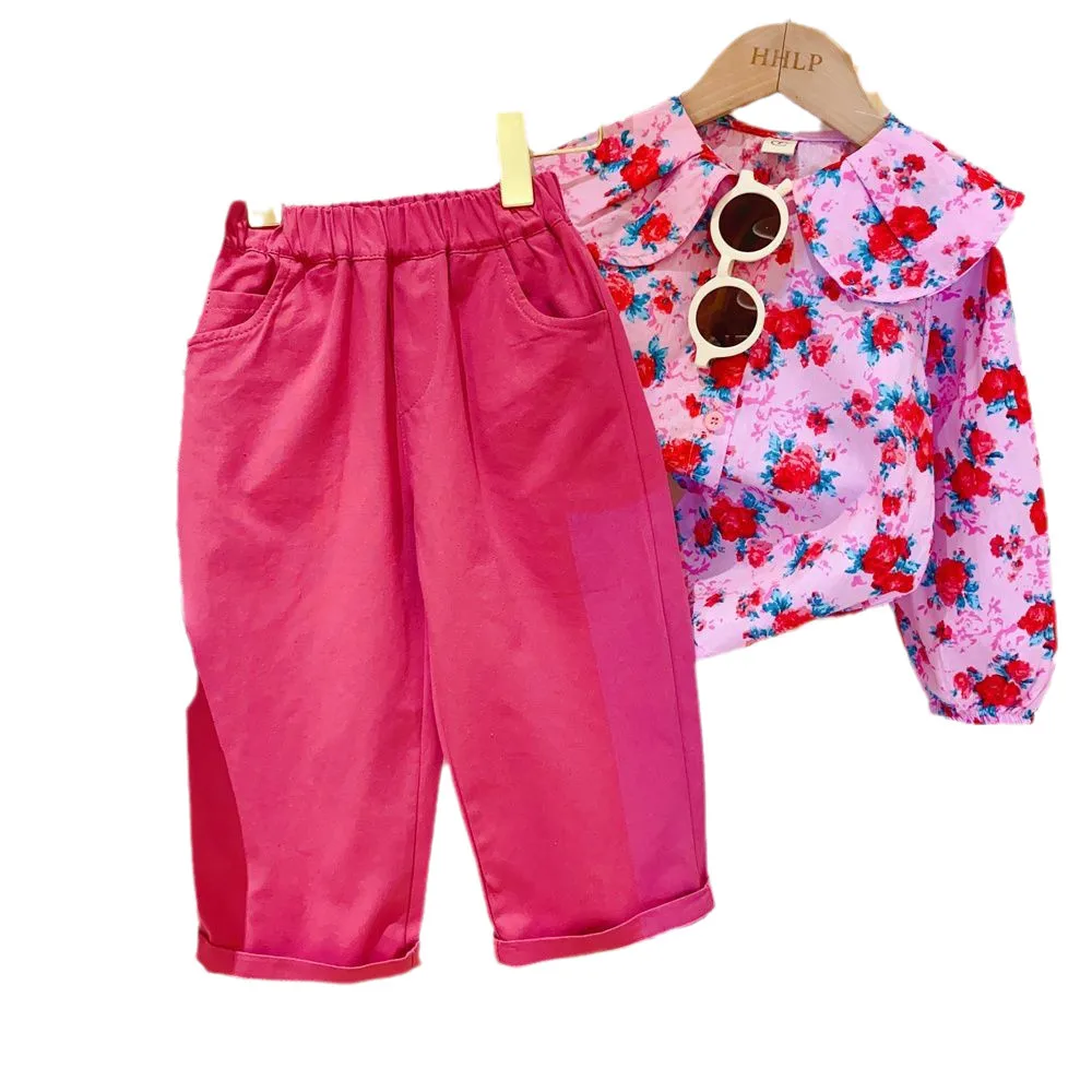 Girls Spring  Autumn Clothes Suit 2023 Children\'s Doll Collar Rose Long-sleeved Shirts + Casual  Pants Two-piece Clothing Sets