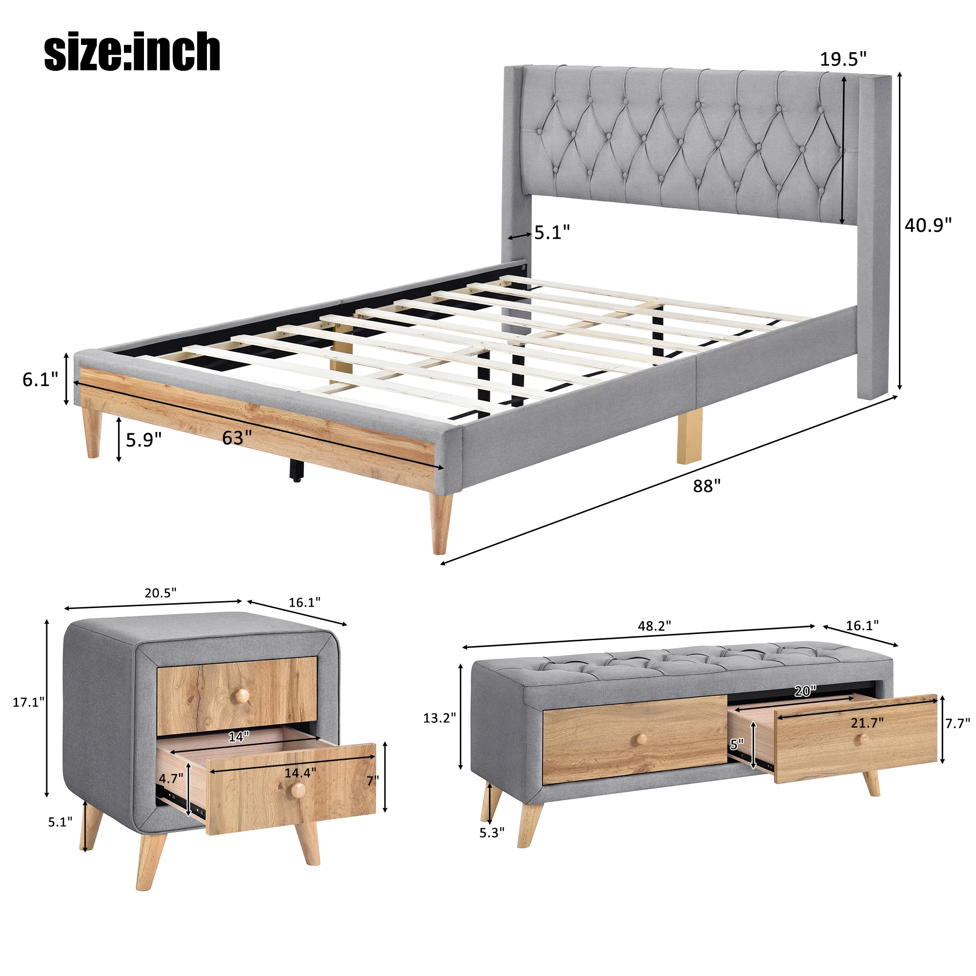 4-Pieces Bedroom Sets Queen Size Upholstered Platform Bed with Two Nightstands and Storage Bench,Bedroom Furniture Sets